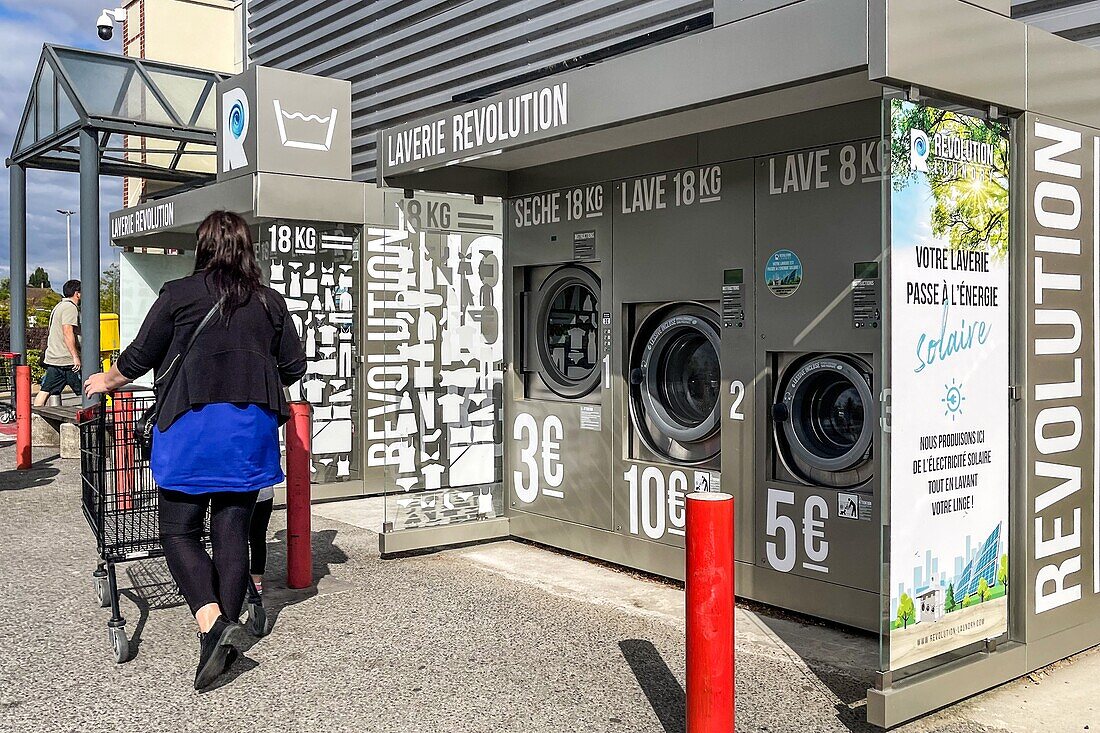 Laundromat powered by solar energy, a revolution in washing to protect the environment and the planet, l'aigle, orne, normandy, france