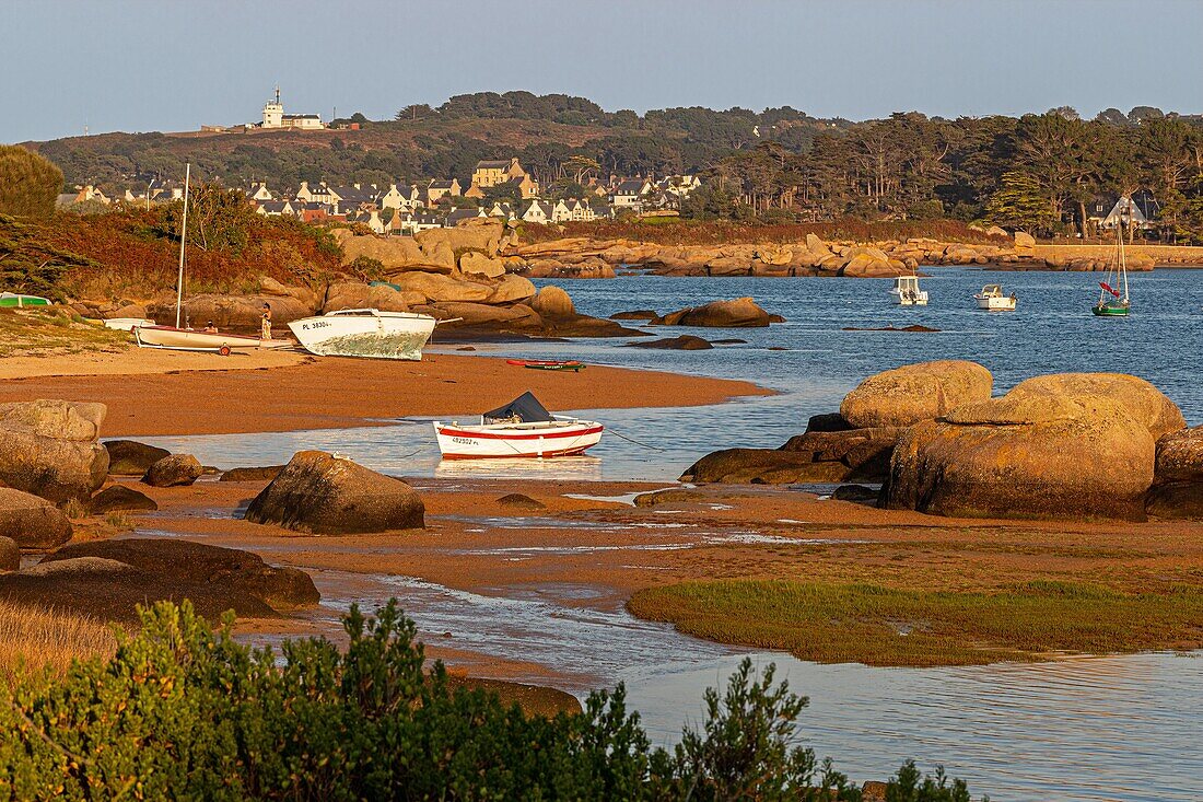 Semaphore and village of ploumanac'h, sunset over sainte-anne bay, renote island point, tregastel, pink granite coast, cotes-d’armor, brittany, france