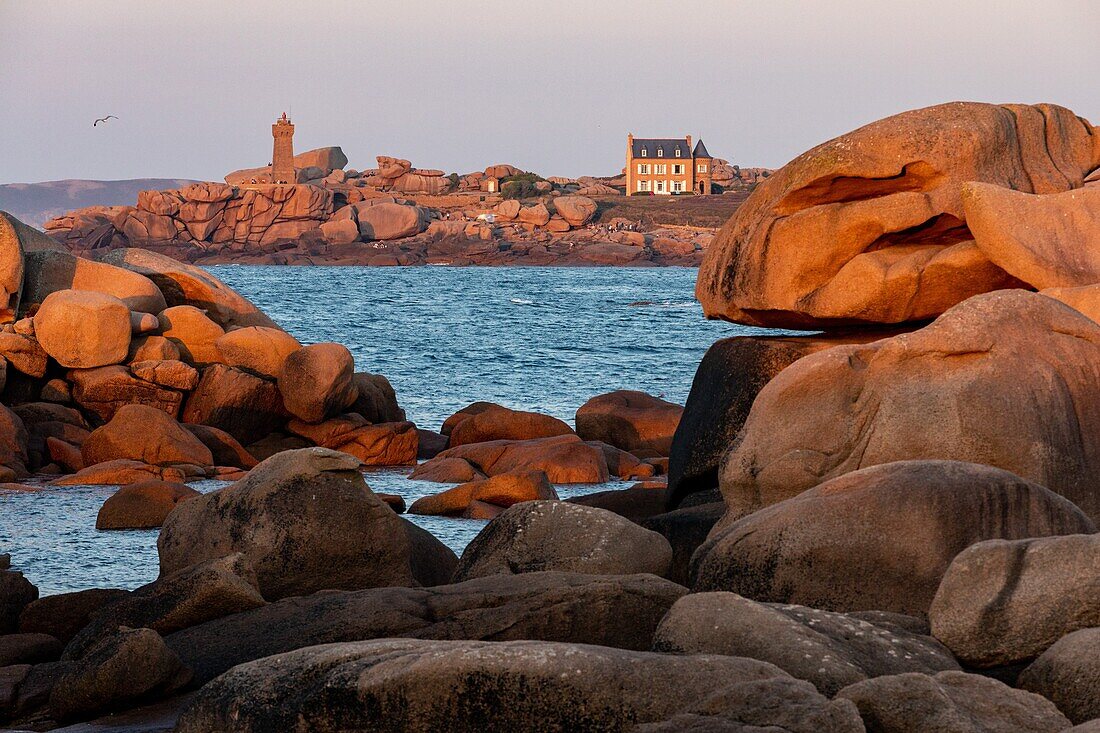 View from the pink granite boulders of the ploumanach lighthouse at sunset, renote island point, tregastel, pink granite coast, cotes-d’armor, brittany, france