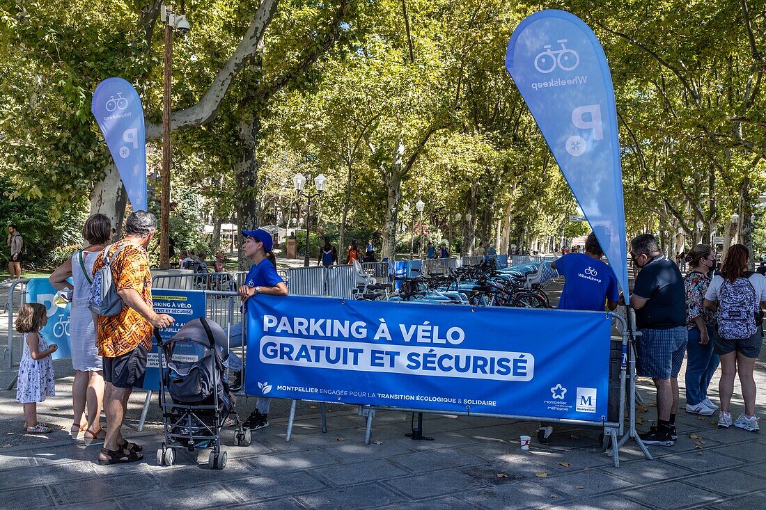 Free and secure bicycle parking lot provided by the city for the ecological transition and solidarity, montpellier, herault, occitanie, france