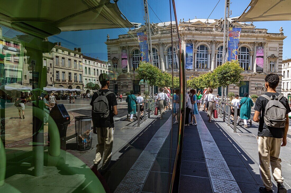 Tramway stop in front of the opera, place de la comedie, montpellier, herault, occitanie, france