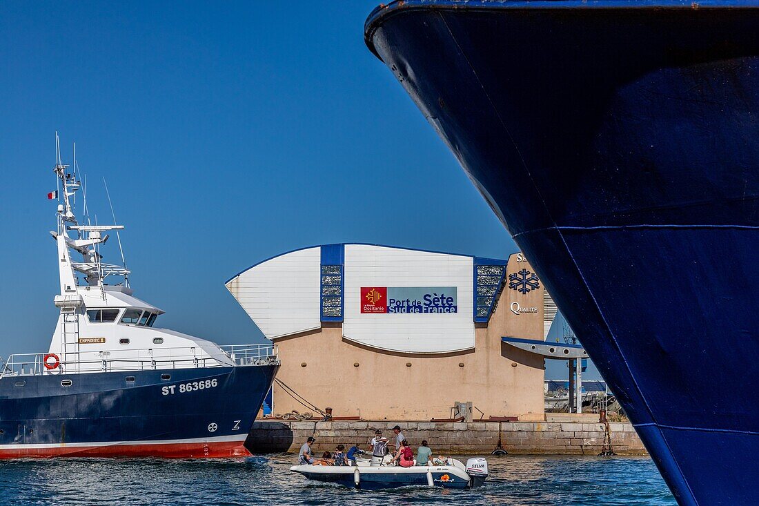 Boat at the entrance to the port, sete, herault, occitanie, france