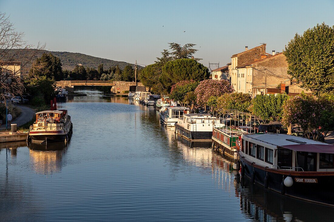 River-faring boat, the port of homps on the midi canal, aude, occitanie, france