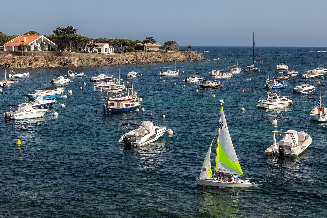 Vergnügungsboote an der Spitze der Küste, Strand von Ses Oliveres, Dorf, in dem Salvador Dali lebte, Cadaques, Costa Brava, Katalonien, Spanien