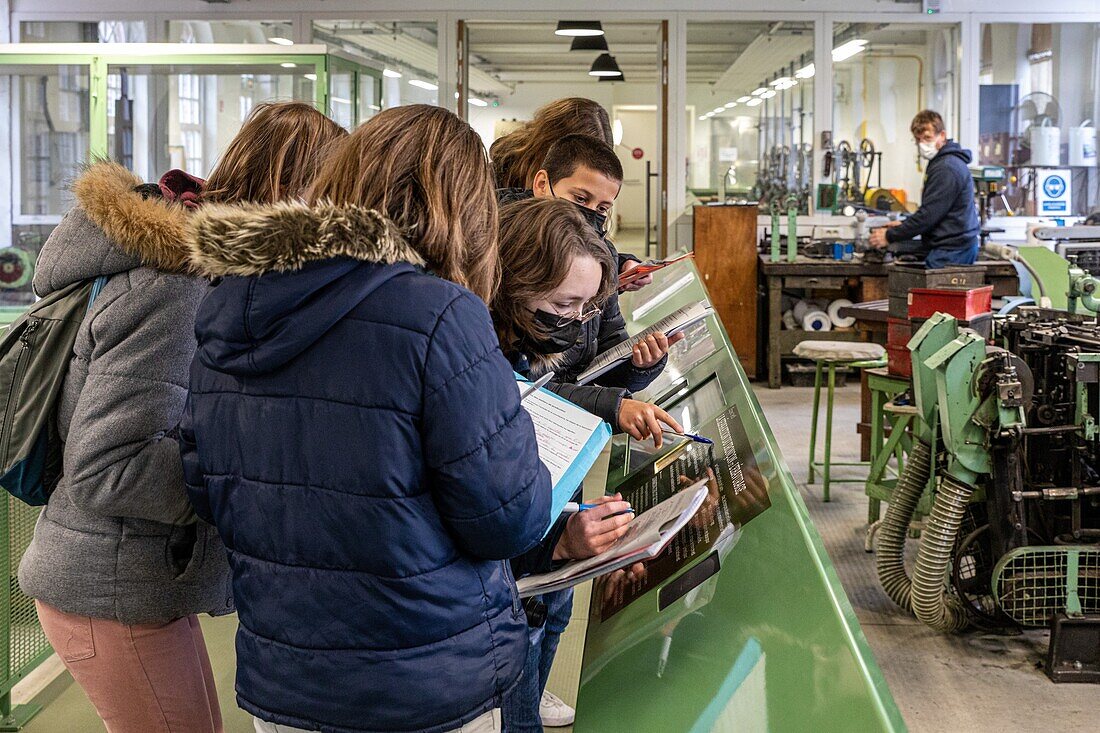 School tour to a cultural project for the eighth grade students of the victor hugo middle school of rugles, factory of the manufacture bohin, living conservatory of the needle and pin, saint-sulpice-sur-risle, orne (61), france