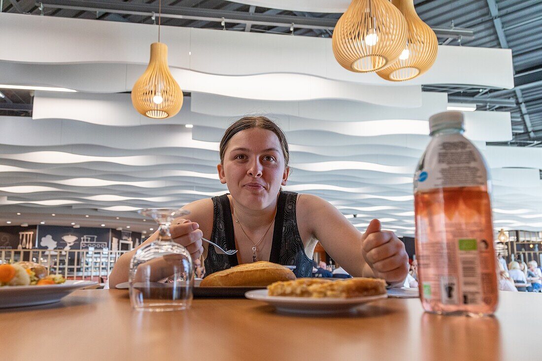 Autonomous lunch break at the supermarket's cafeteria, workers with the esat les ateliers du coudray, adapei27, bernay, eure, normandy, france