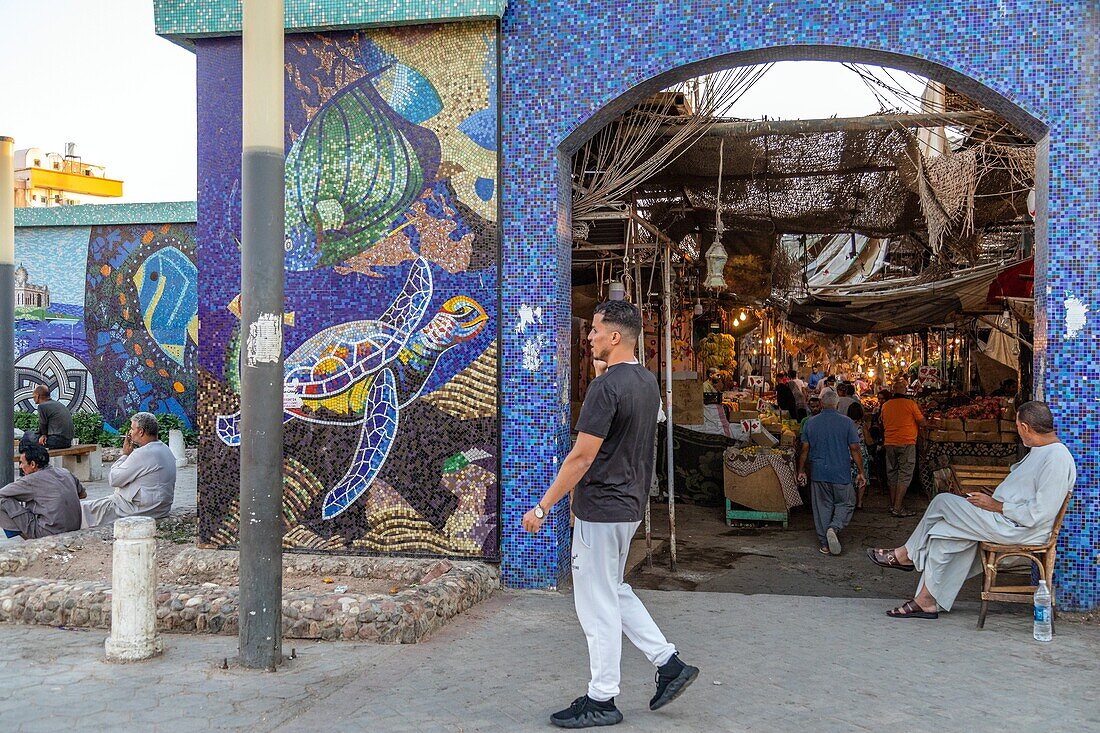 Entrance to the mosaic-covered souk, el dahar market, popular quarter in the old city, hurghada, egypt, africa