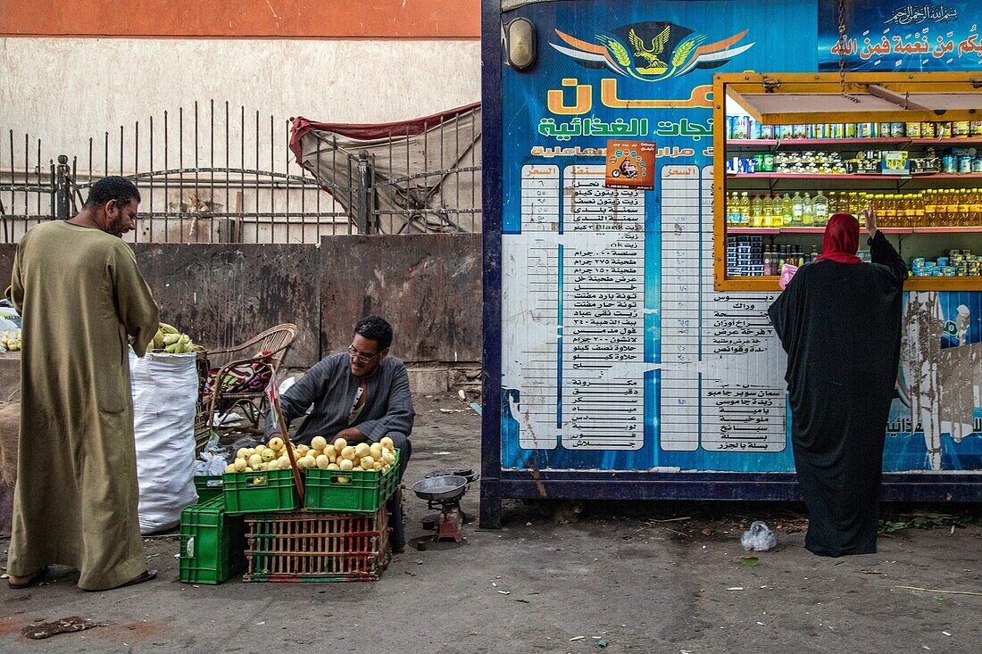 Vendors in the street in front of the el dahar market, popular quarter in the old city, hurghada, egypt, africa