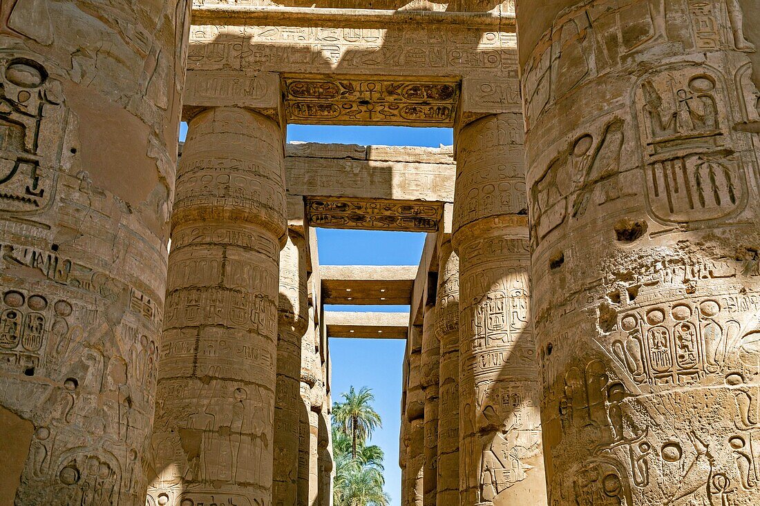 Säulen der großen Hypostylhalle, Bezirk von Amun-Re, Tempel von Karnak, antike ägyptische Stätte aus der 13. Dynastie, unesco-Weltkulturerbe, luxor, ägypten, afrika