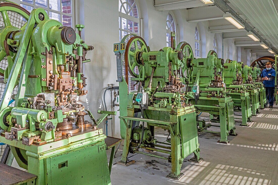 Vintage machines for stamping and drilling needles, manufacture bohin, saint-sulpice-sur-risle, orne, normandy, france