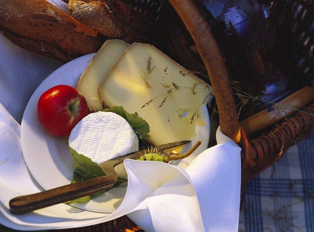 Cheese and Bread in a Picnic Basket
