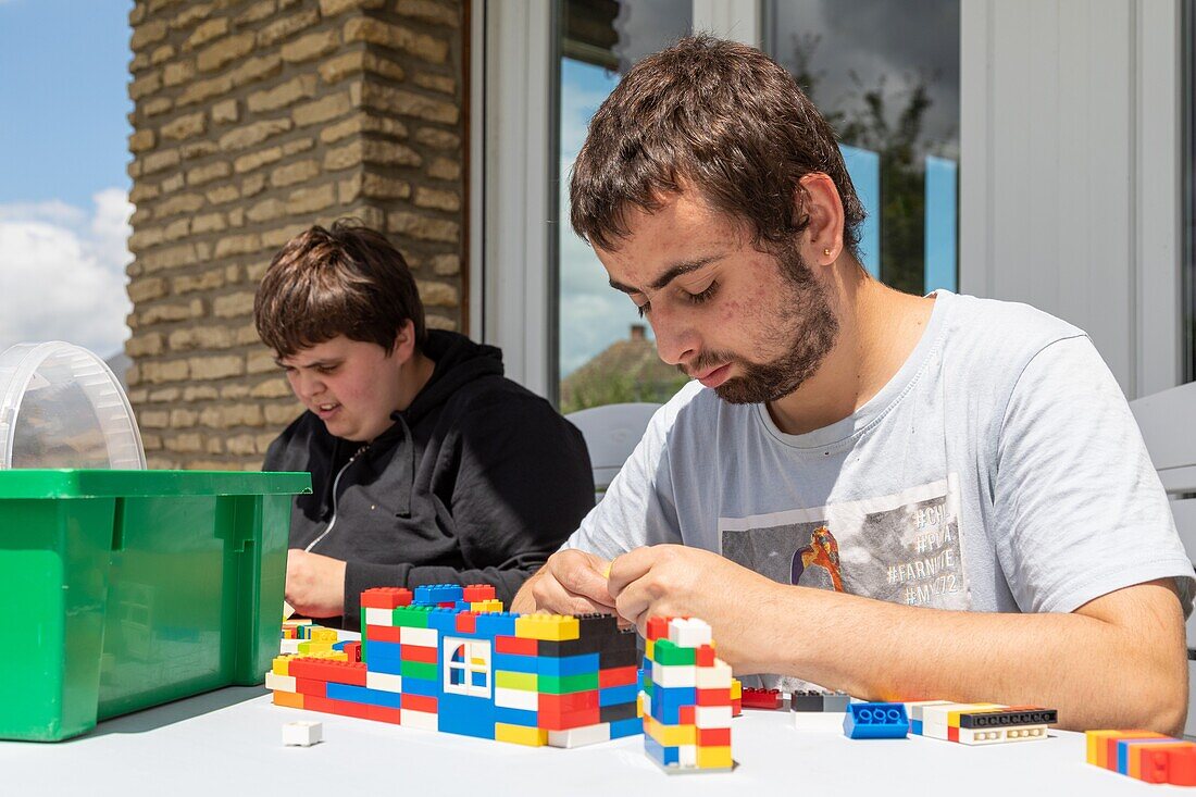 Building with lego workshop, sessad la rencontre, day care, support and service organization for people with disabilities, le neubourg, eure, normandy, france