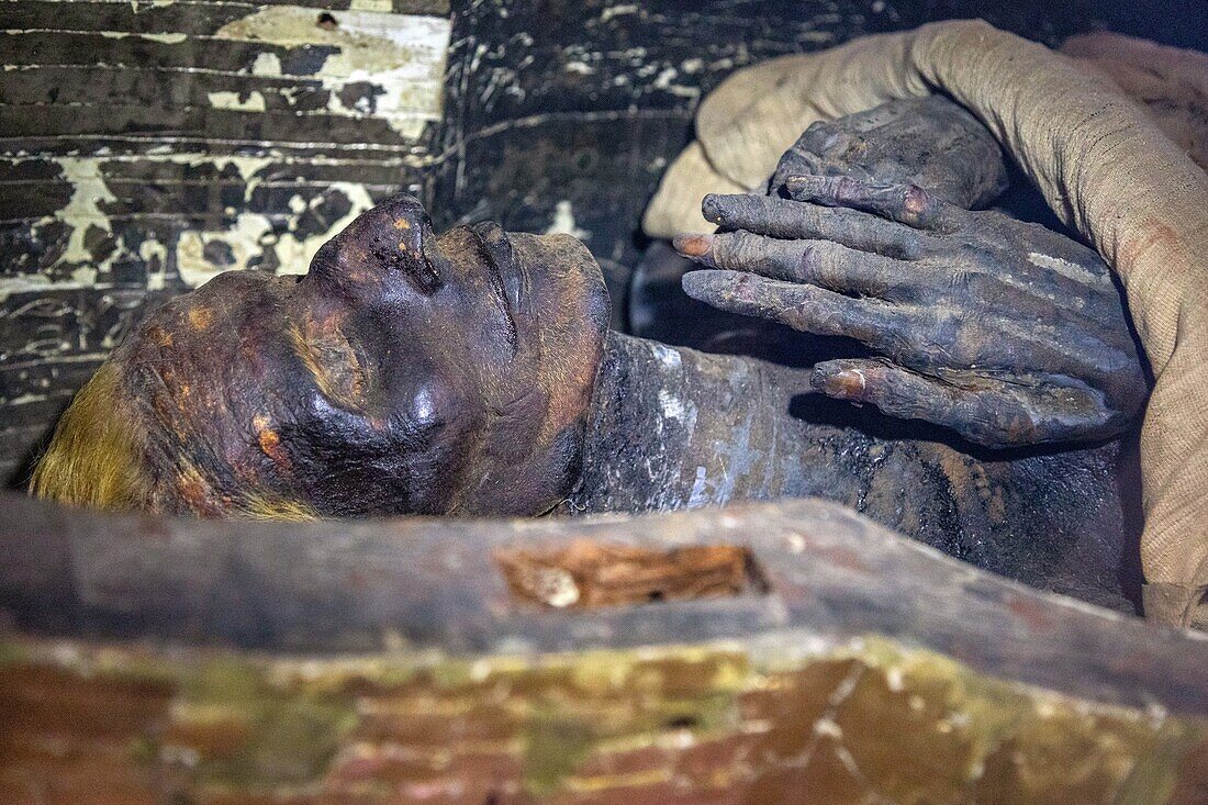 Mumie der Thuya in ihrem Sarkophag (18. Dynastie), Ägyptisches Museum von Kairo, das dem ägyptischen Altertum gewidmet ist, Kairo, Ägypten, Afrika