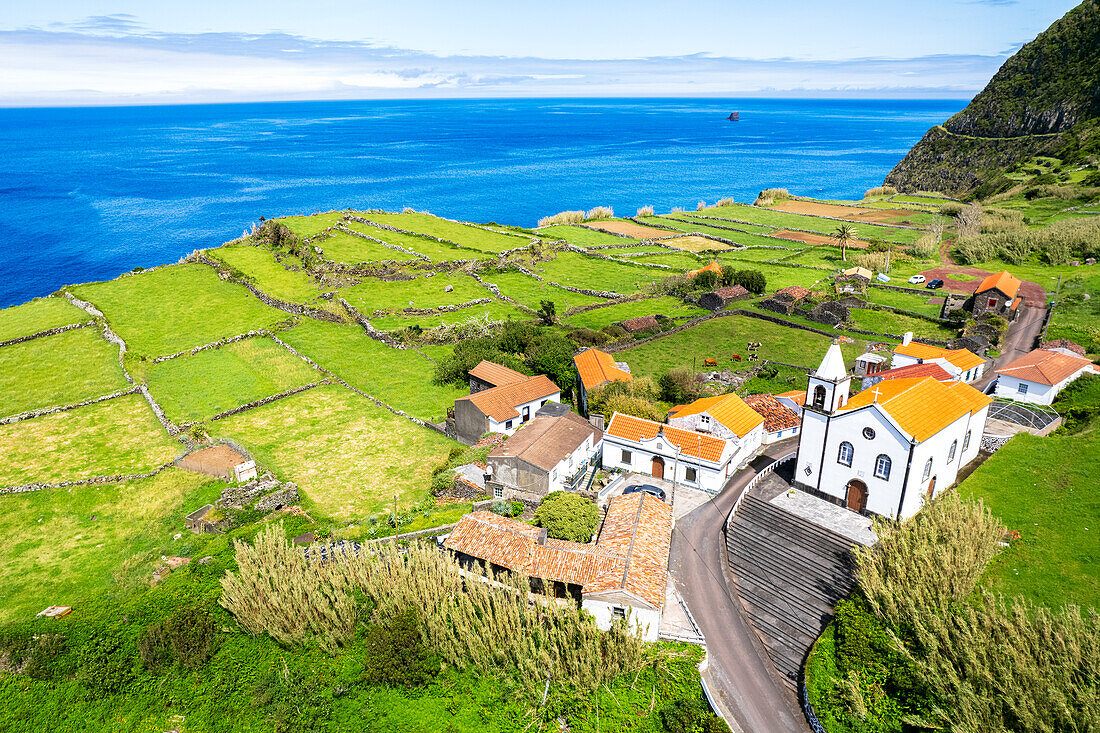 Aerial view of the igreja de Nossa Senhora do Carmo, Faja Grande, Lajes das Flores, Flores Island (Ilha das Flores), Azores archipelago, Portugal, Europe