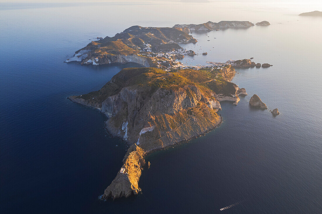 View from above of the mediterranean islands of Ponza and Zannone at the sunrise, Ponza island, Archipelago Pontino, Latina province, Latium, Italy