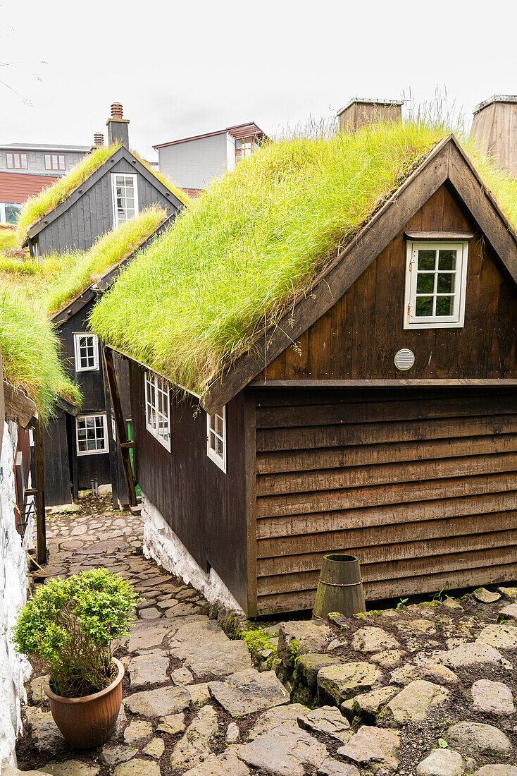 Traditionelles ikonisches Haus mit Grasdach in der Altstadt von Torshavn, Insel Streymoy, Färöer Inseln, Dänemark, Europa