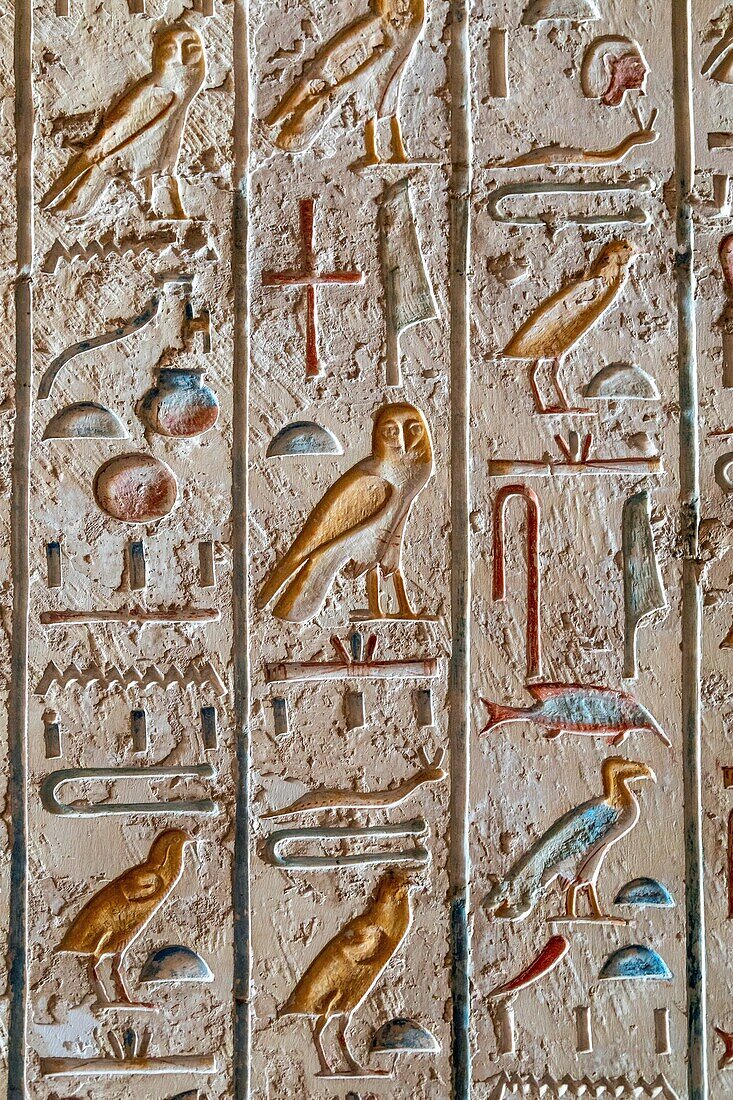 Ägyptische Hieroglyphen, figürliche heilige Schriften, Grab des Pharaos Merenptah, Tal der Könige, wo sich das Hypogäum vieler Pharaonen des Neuen Reiches befindet, Luxor, Ägypten, Afrika