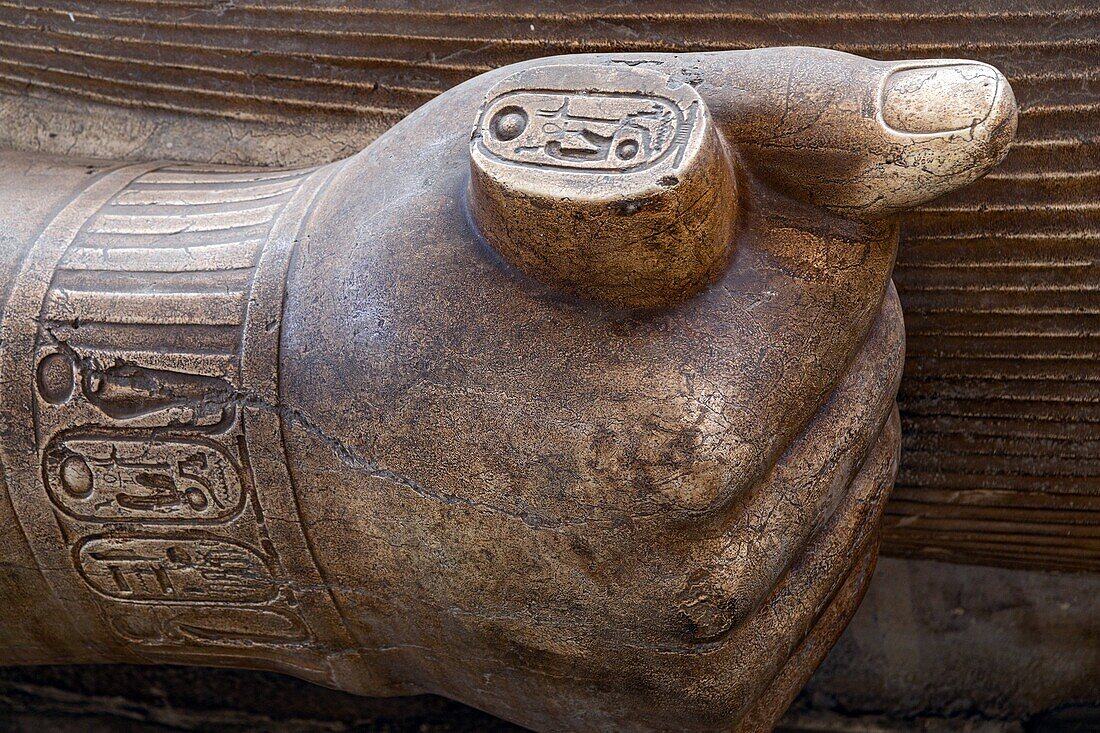 Detail der Hand des Pharaos mit seinem Siegel, Granitkoloss von Ramses II., 10 m lang, mit rahina open-air museum, von der unesco zum weltkulturerbe erklärt, kairo, ägypten, afrika