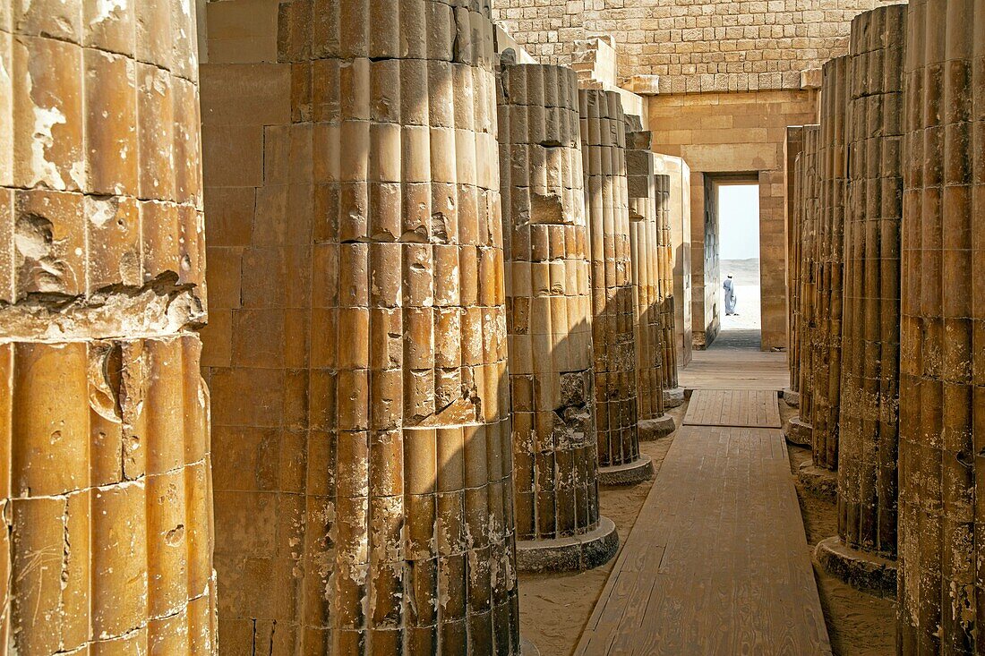 Columns at the entrance to the temple of the saqqara necropolis from the old kingdom, region of memphis, former capital of ancient egypt, cairo, egypt, africa