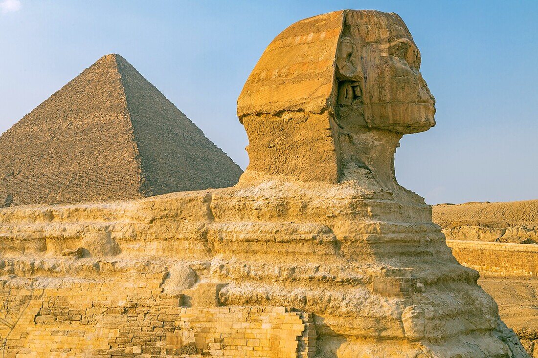 Reclining sphinx of giza, therianthropic statue, the world's biggest monumentale monolith statue 73.5 metres long cairo, egypt, africa