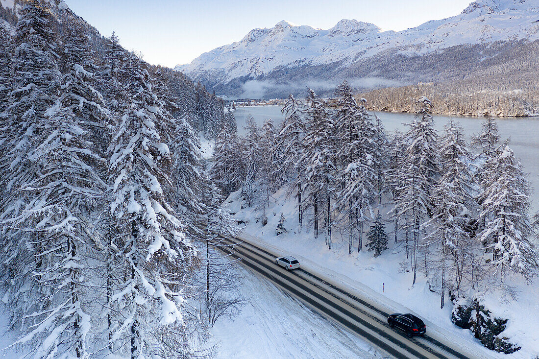 Autos fahren auf einer Bergstraße durch verschneite Wälder am Ufer des Silsersees, Kanton Graubünden, Engadin, Schweiz