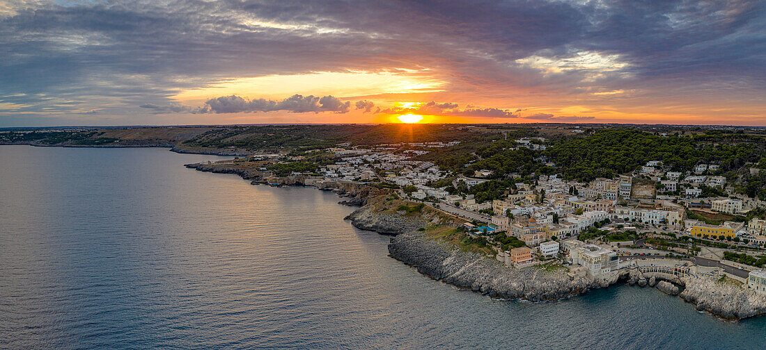 Aerial panoramic of Santa Cesarea Terme at sunset, Lecce province, Salento, Apulia, Italy