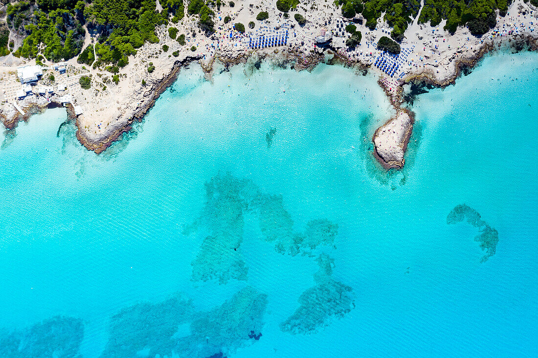 Beach umbrellas and sunbeds by the turquoise sea from above, Punta della Suina, Gallipoli, Lecce, Salento, Apulia, Italy