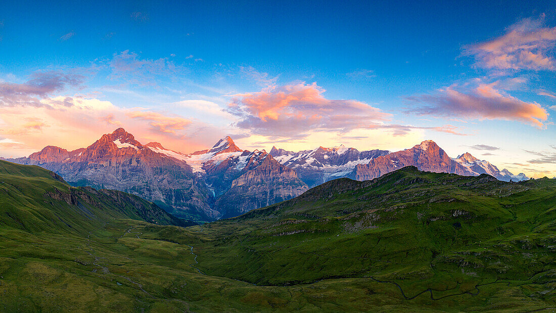 Aerial view of Wetterhorn, Schreckhorn, Finsteraarhorn, Eiger and Jungfrau mountains at sunset, Grindelwald, Bern, Switzerland