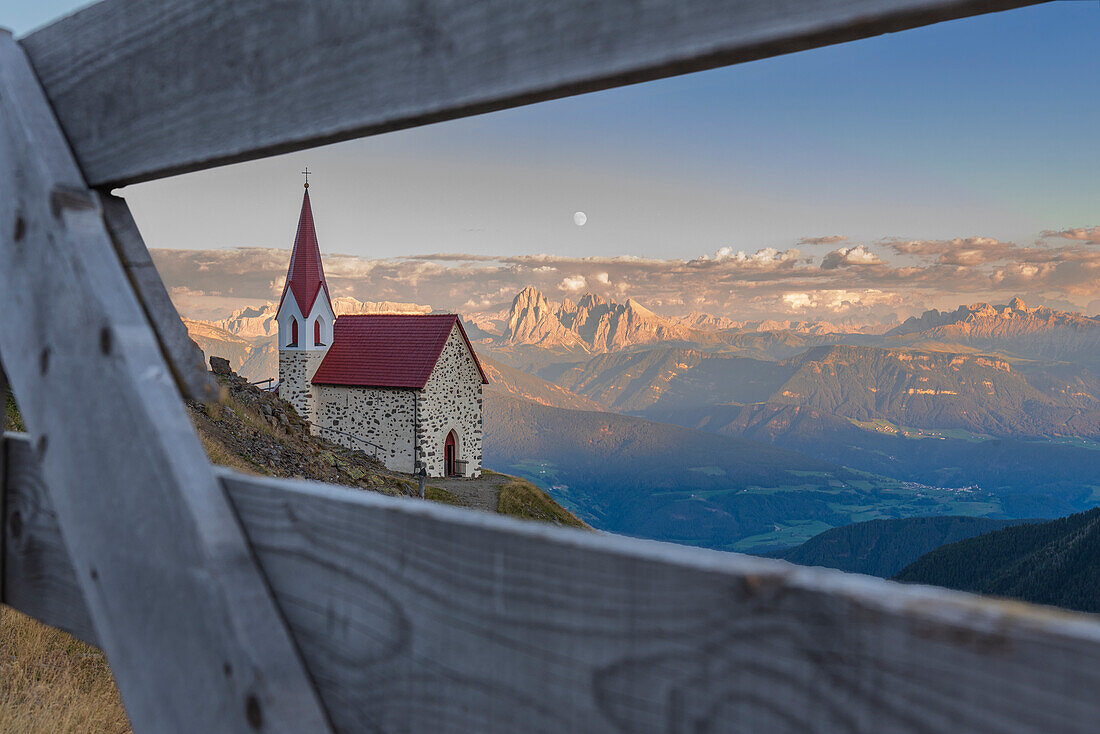 Detail from Latzfonser Kreuz at sunset with full moon, Lazfons, Chiusa, Bolzano district, South Tyrol, Italy, Europe.