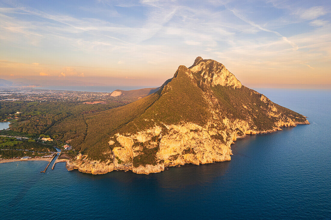 Aerial view of the Circeo mountain at sunset, Circeo National Park, Pontine flats, Latina province, Latium, Central Italy, Italy, Southern Europe, Europe