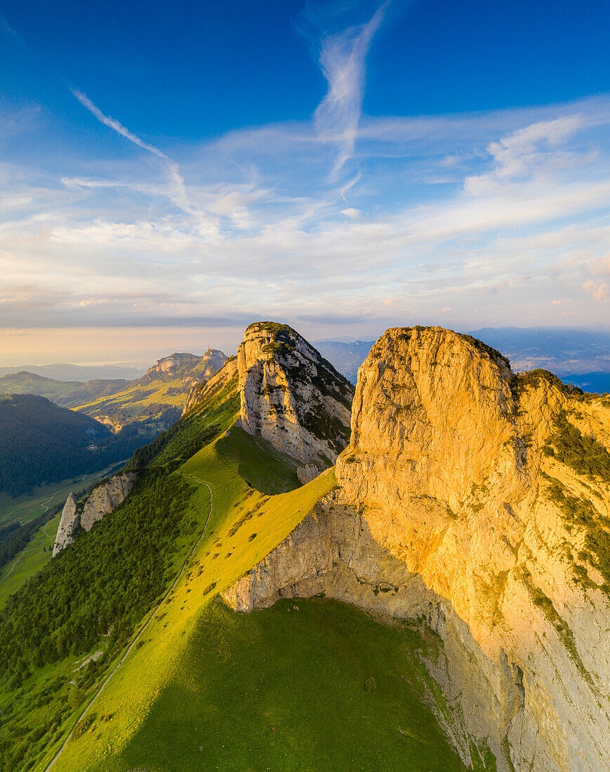 Aerial panoramic of Staubern and Hoher Kasten mountains from Saxer Lucke at sunset, Appenzell Canton, Alpstein, Switzerland