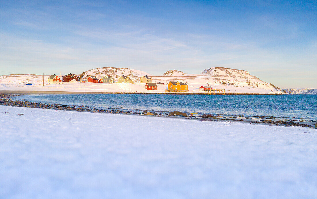 Coastal village of Veines in winter, Kongsfjord, Varanger Peninsula, Troms og Finnmark, Norway