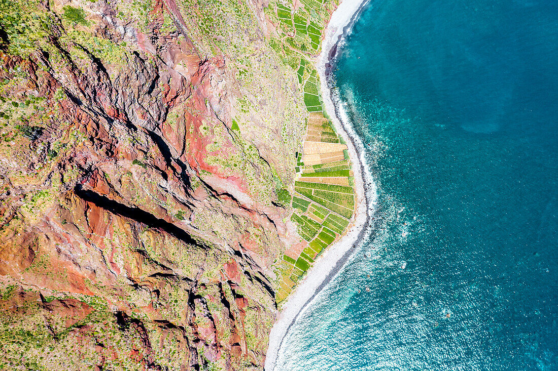 Cliffs overhanging green cultivated fields oceanfront, Fajas De Cabo Girao, Madeira island, Portugal