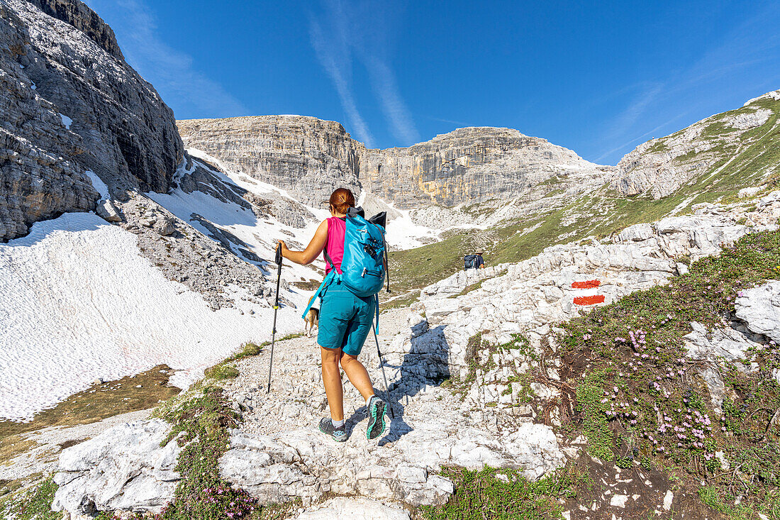Wanderer auf Bergpfad zur Pian di Cengia Hütte, Naturpark Drei Zinnen, Sextner Dolomiten, Südtirol, Italien