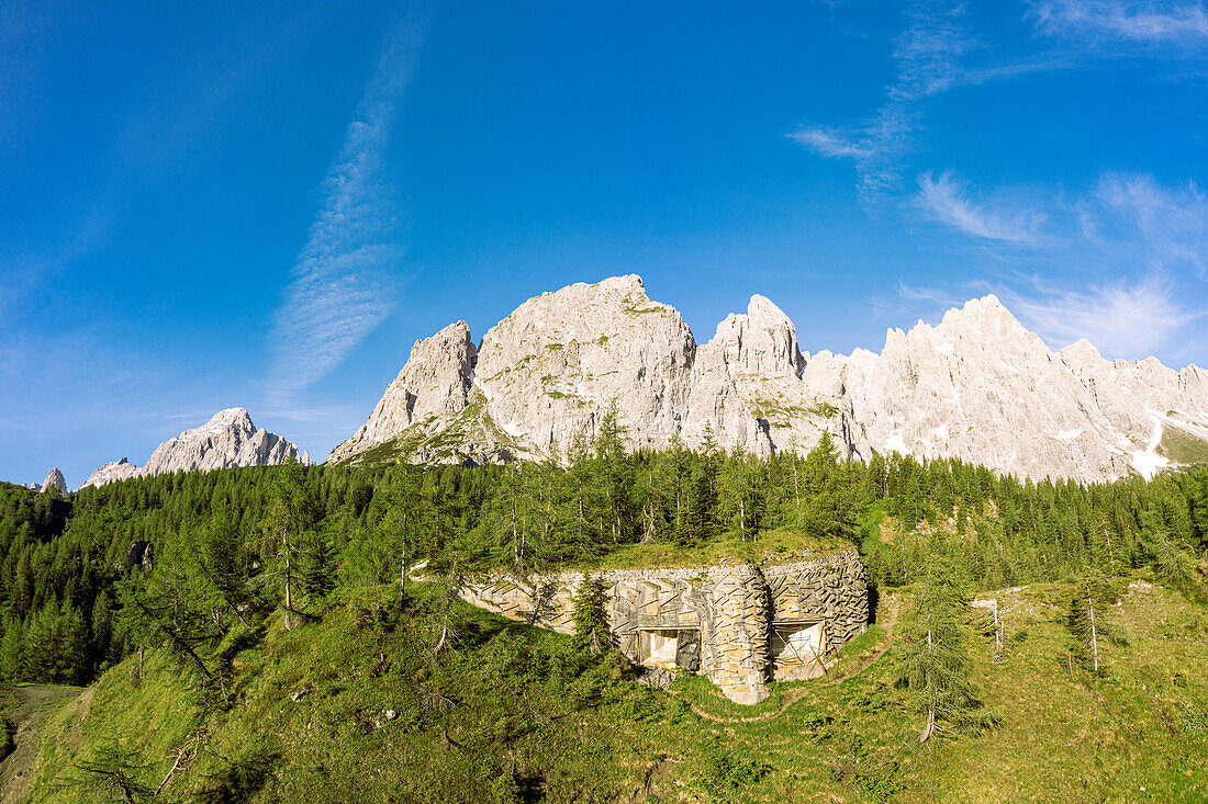 Barrage fort built during the world war at Passo di Monte Croce Comelico, Sesto Dolomites, Veneto/South Tyrol, Italy