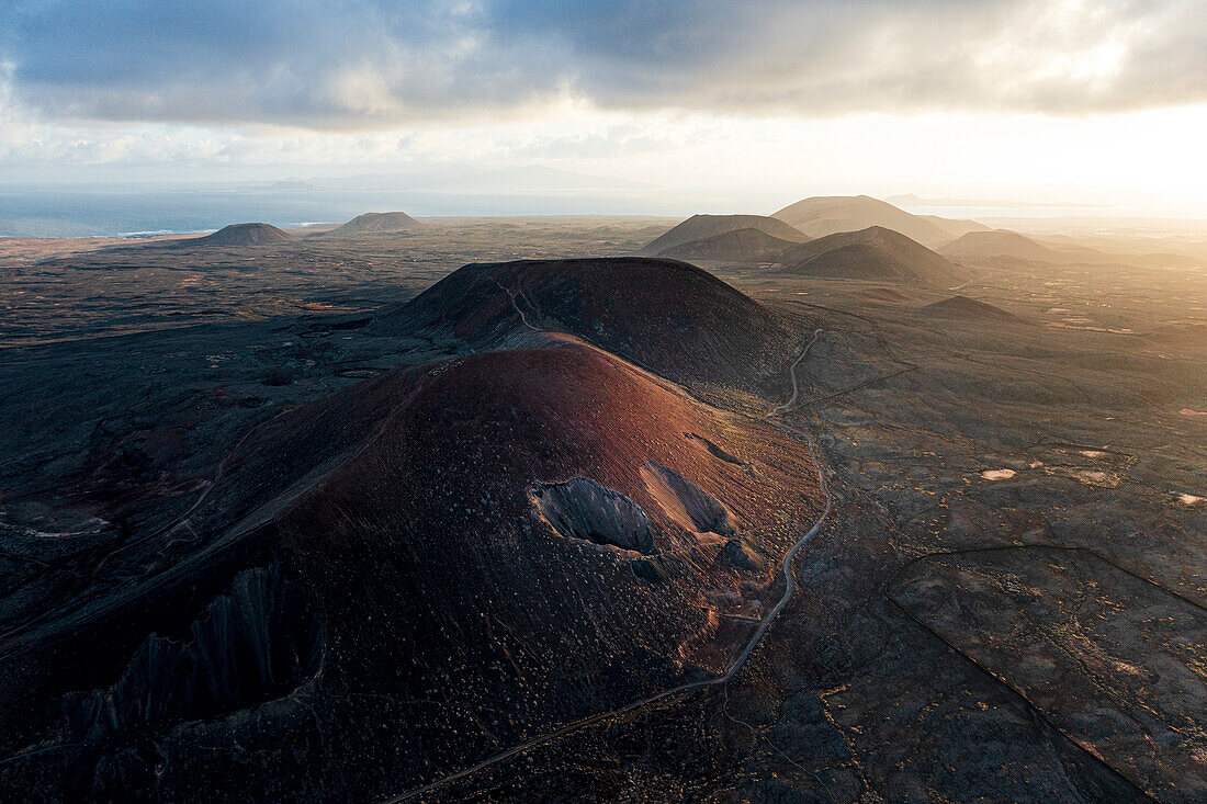 Aerial view of volcanoes at dawn, Corralejo, Fuerteventura, Canary Islands, Spain