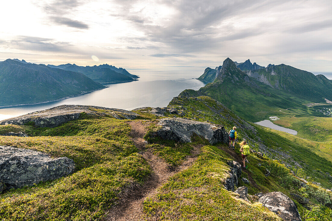 Young hikers with backpack walking on path on Barden peak to Segla mountain along the fjord, Senja, Troms county, Norway