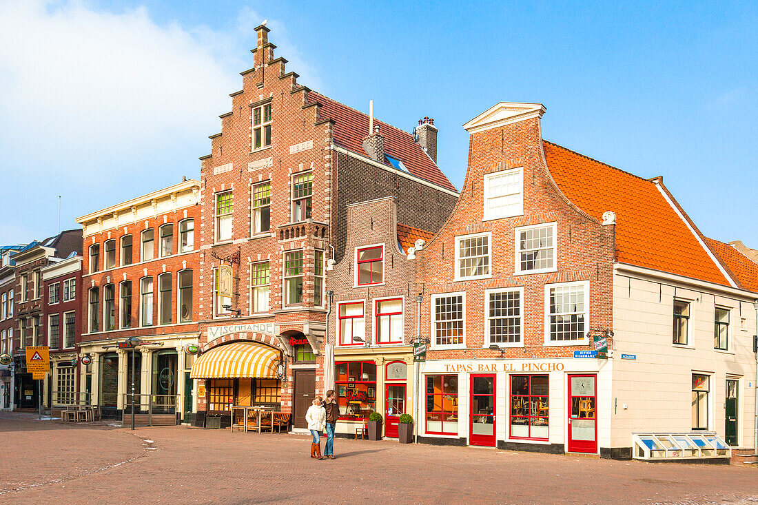Traditionelle Häuser und Kneipen in der Altstadt von Haarlem, Bezirk Amsterdam, Nordholland, Niederlande