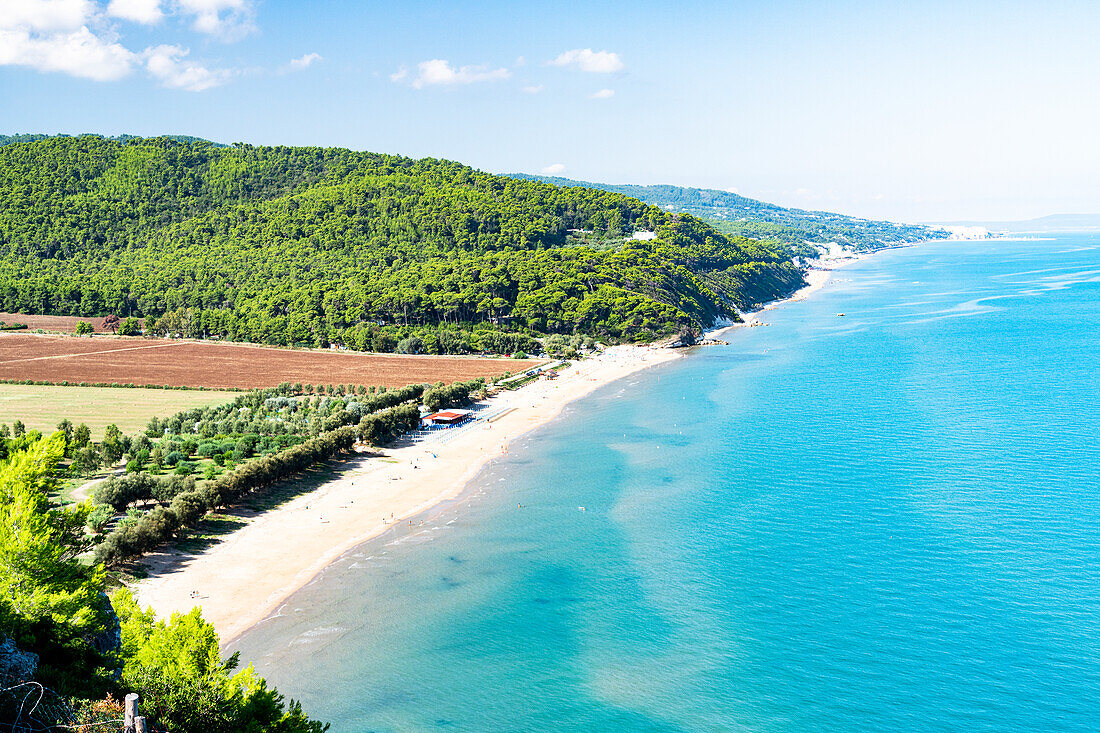 Weißer Sandstrand, umspült vom kristallblauen Meer, Peschici, Provinz Foggia, Gargano, Apulien, Italien