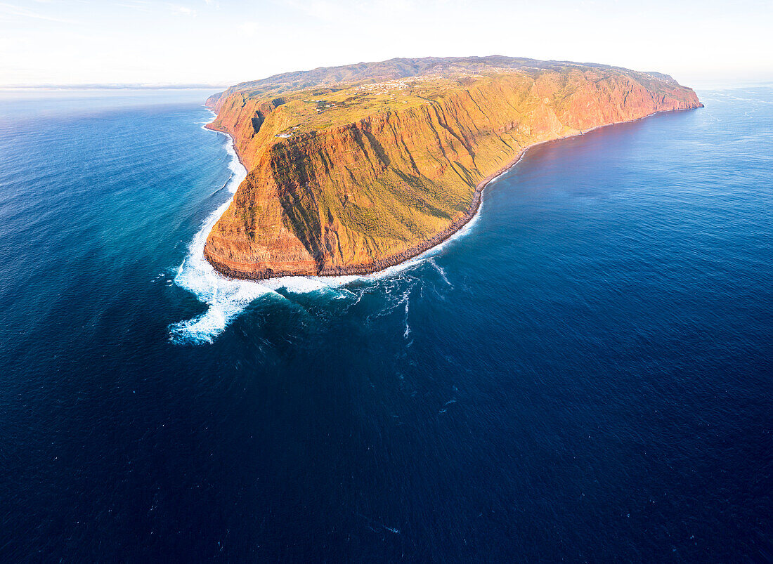 Aerial panoramic of high cliffs at Ponta Do Pargo and southwest coast of Madeira island, Portugal