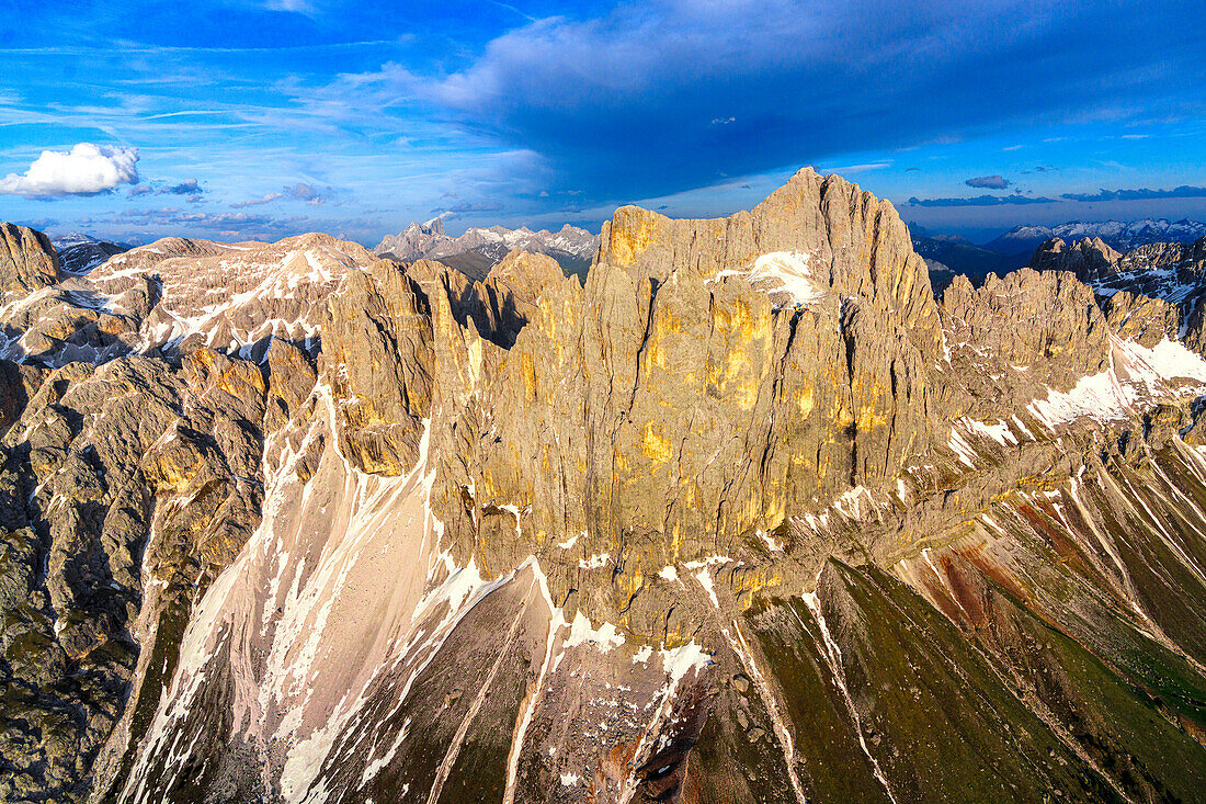 Aerial view of Cima Catinaccio Rosengarten, Torri Del Vajolet mountain peaks, Dolomites, South Tyrol, Italy