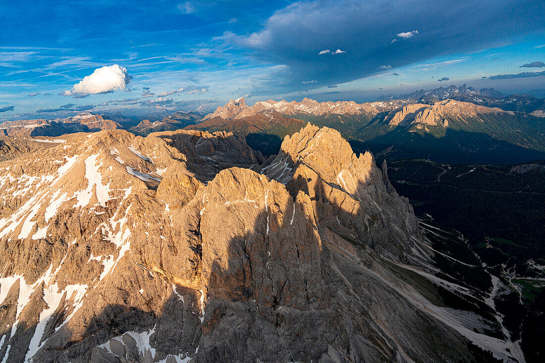 Aerial view of sunset over Catinaccio Rosengarten group, Dolomites, South Tyrol, Italy