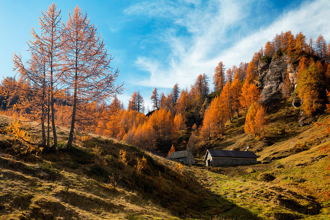 Almhütten im Herbst auf der Alpe Devero, Piemont, Italien, Westeuropa