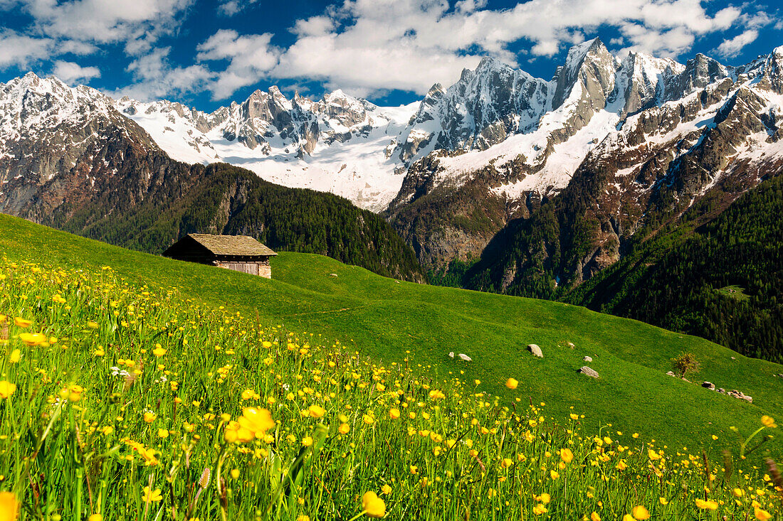 Hütte auf der Alp Tombal, Soglio, Val Bregaglia, Kanton Graubünden, Schweiz, Westeuropa