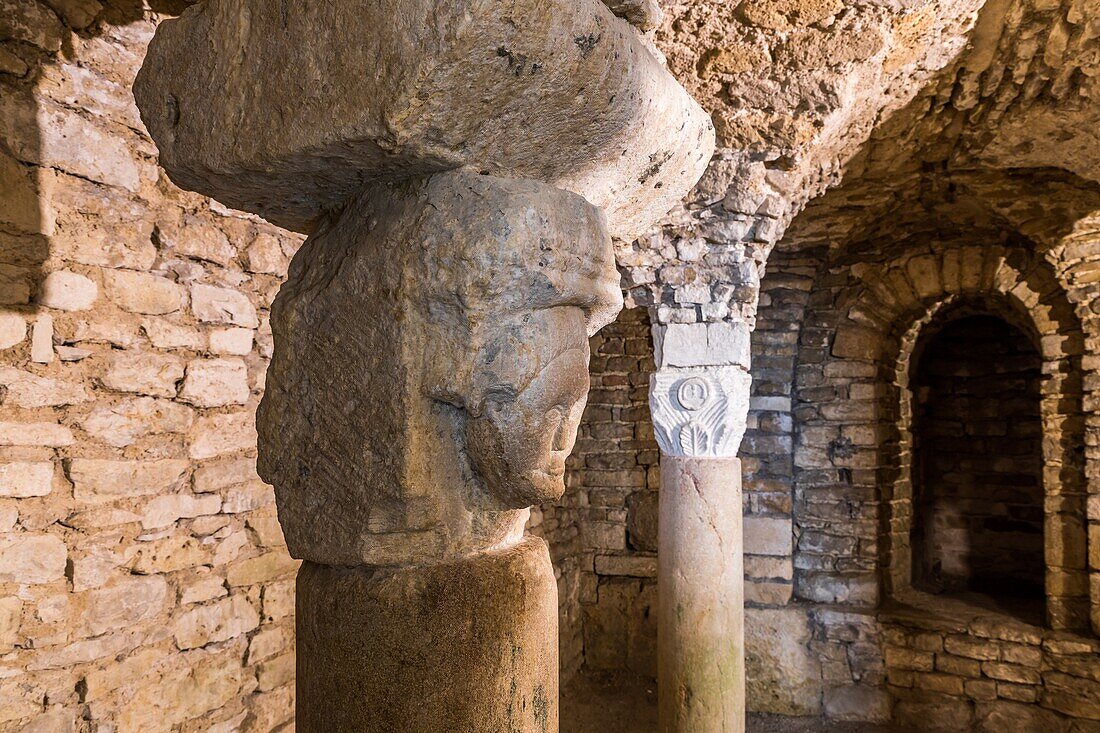 Entry to the crypt of the saint pierre de flavigny abbey, anis de flavigny factory (anise-flavored sweets), flavigny sur ozerain, (21) cote-d'or, burgundy, france