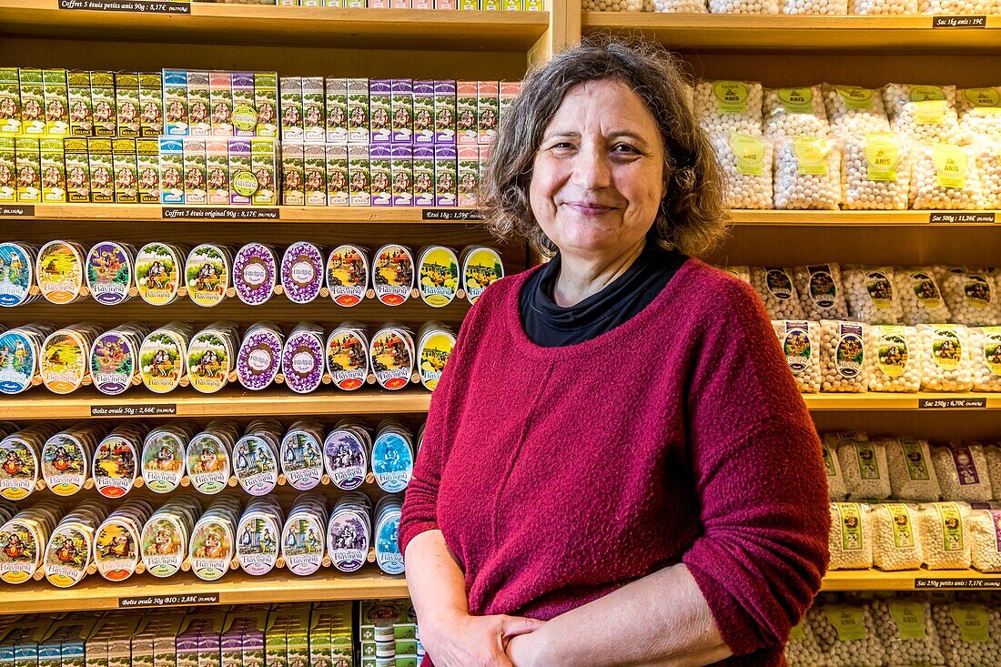 Catherine troubat, company head, owner of the anis de flavigny factory (anise-flavored sweets), flavigny sur ozerain, (21) cote-d'or, burgundy, france