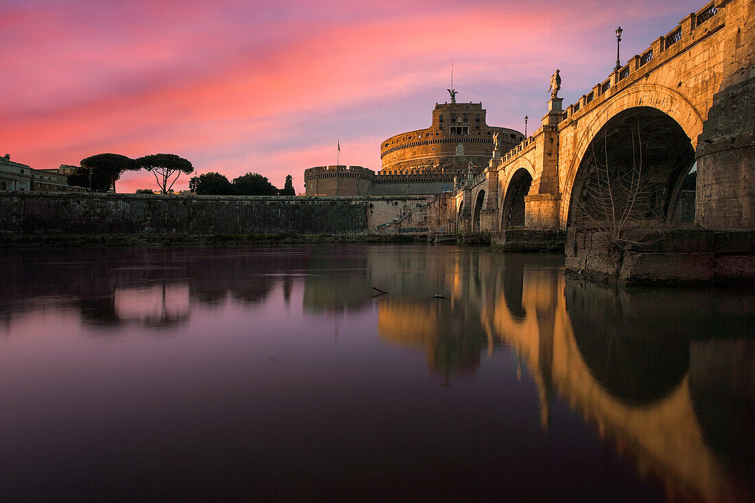 Ponte degli Angeli at dusk, Castel Sant'Angelo, Rome, Lazio, Italy, Western Europe