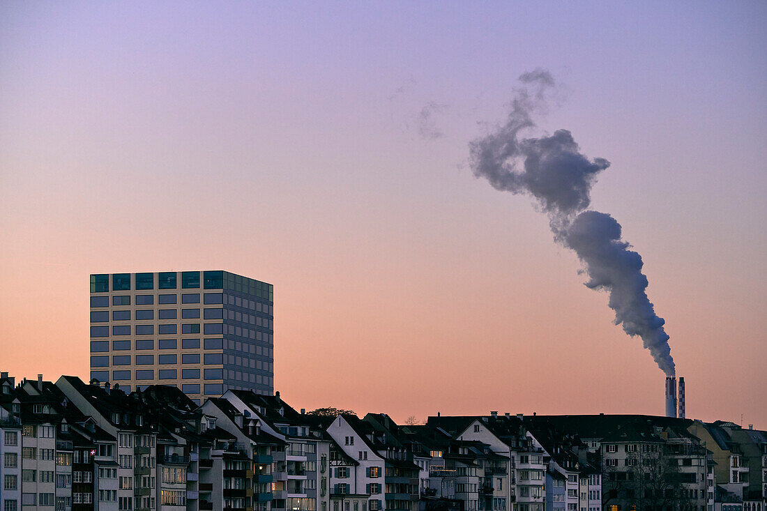 Basel skyline at sunset, Basel, Canton Basel-Stadt, Switzerland