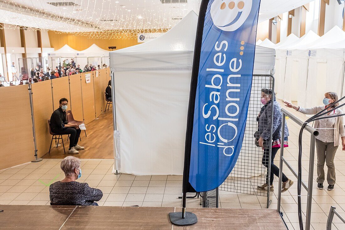 Monitoring after inoculation of the vaccine, covid 19 vaccination center, gymnasium, les sables d'olonne, vendee, pays de loire, france, europe