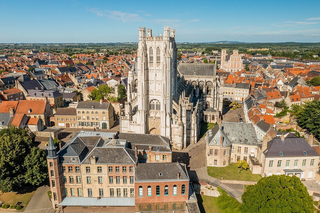 Drone view, notre dame de saint omer cathedral, saint omer, (62) pas-de-calais, france
